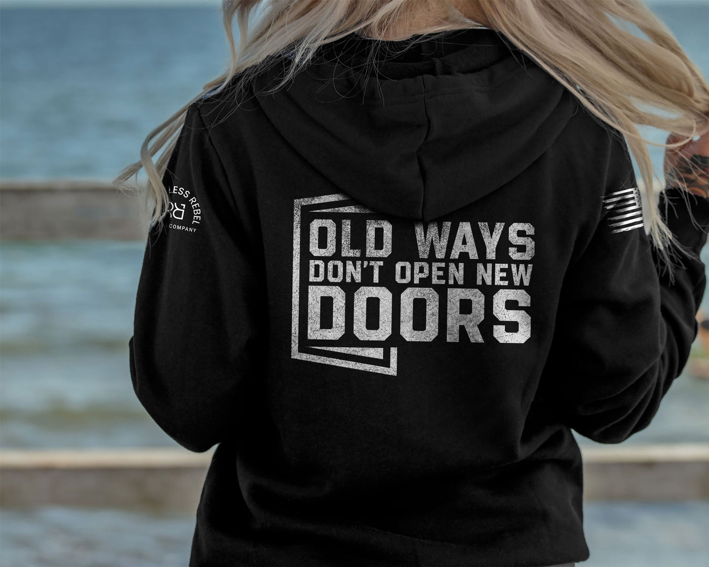 Woman wearing Solid Black Women's Old Ways Don't Open New Doors Back Design Hoodie