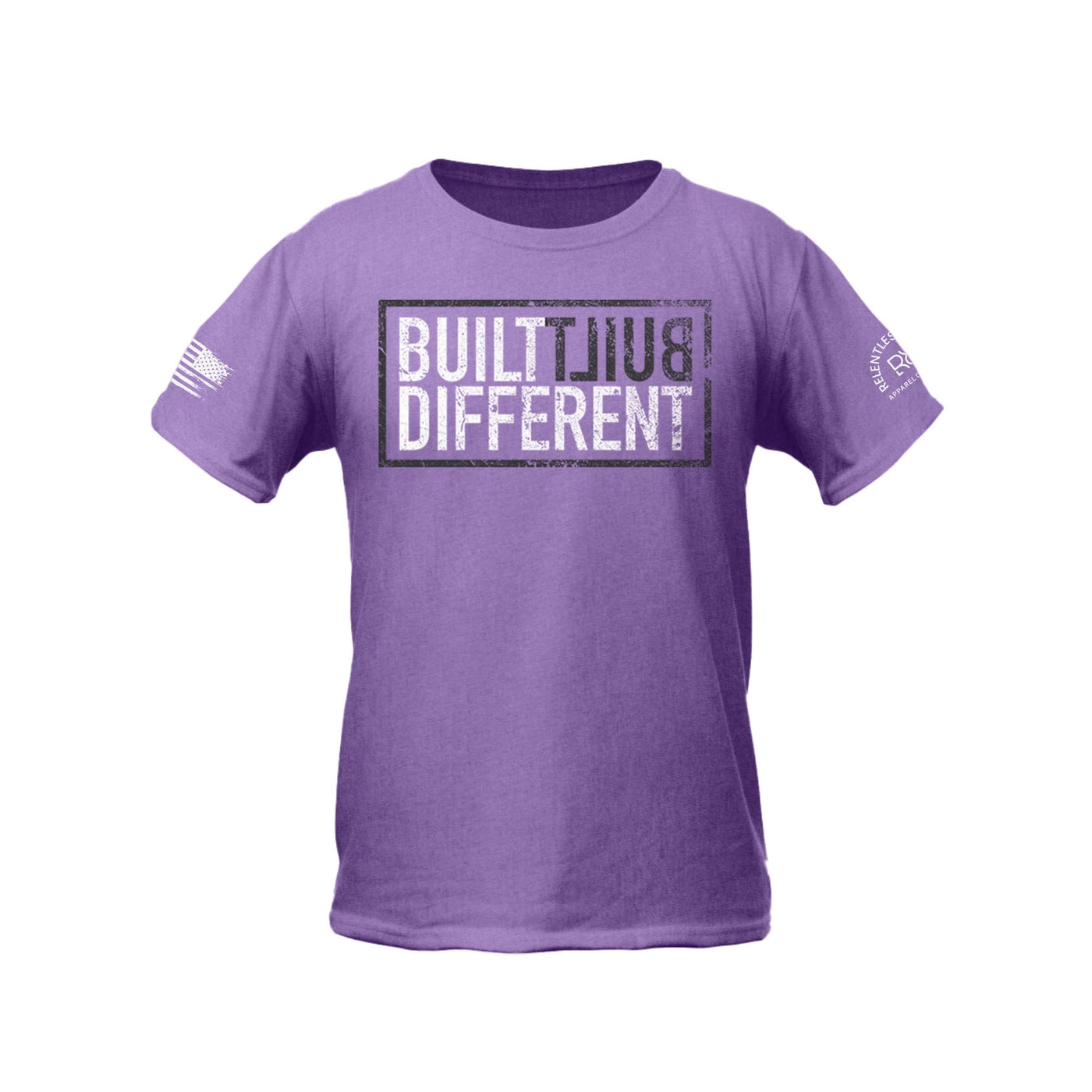 Built Different Youth front design heather purple tee