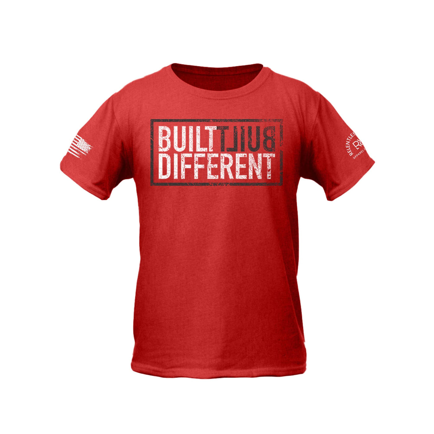 Built Different Youth front design heather red tee