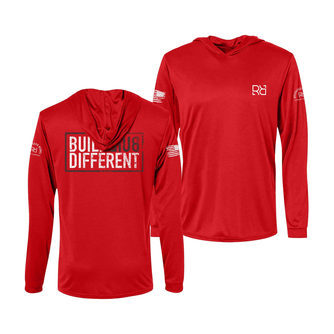Built Different | Men's Dry Fit Hooded Long Sleeve | UPF50 Rebel Red