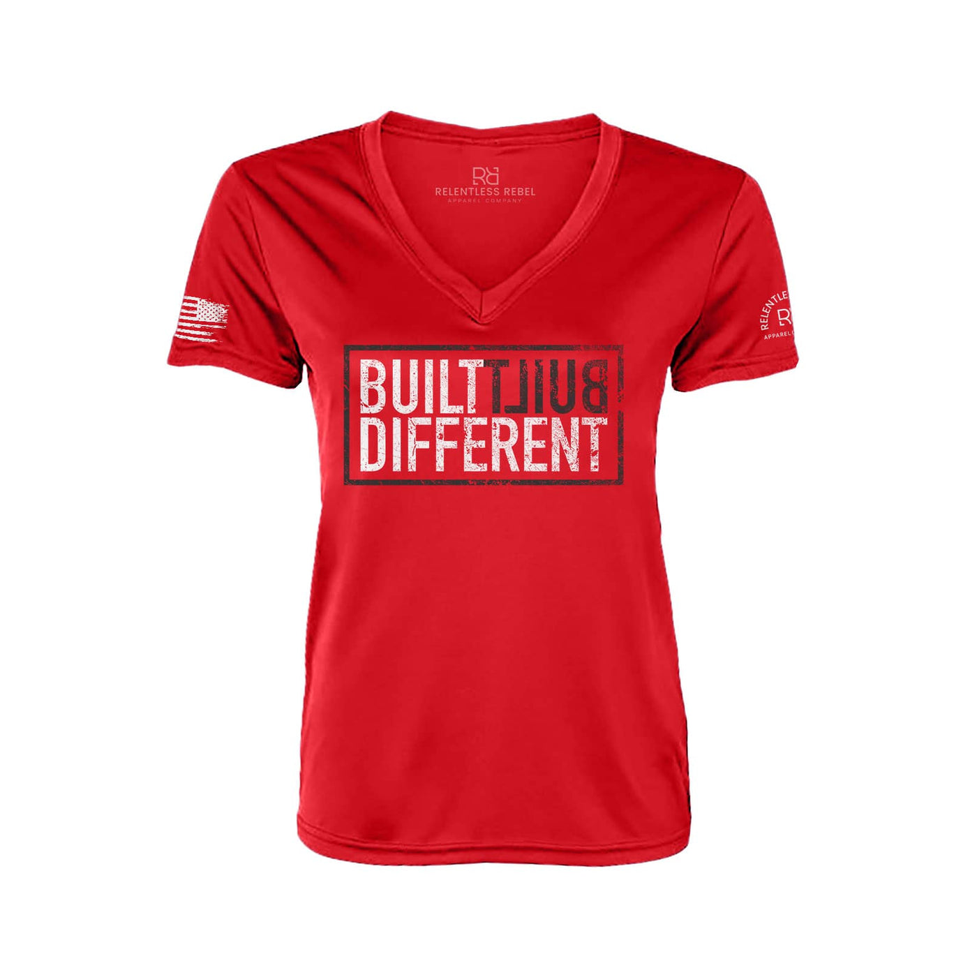 Built Different Rebel Red Front Women's V-Neck Dry Fit Tee