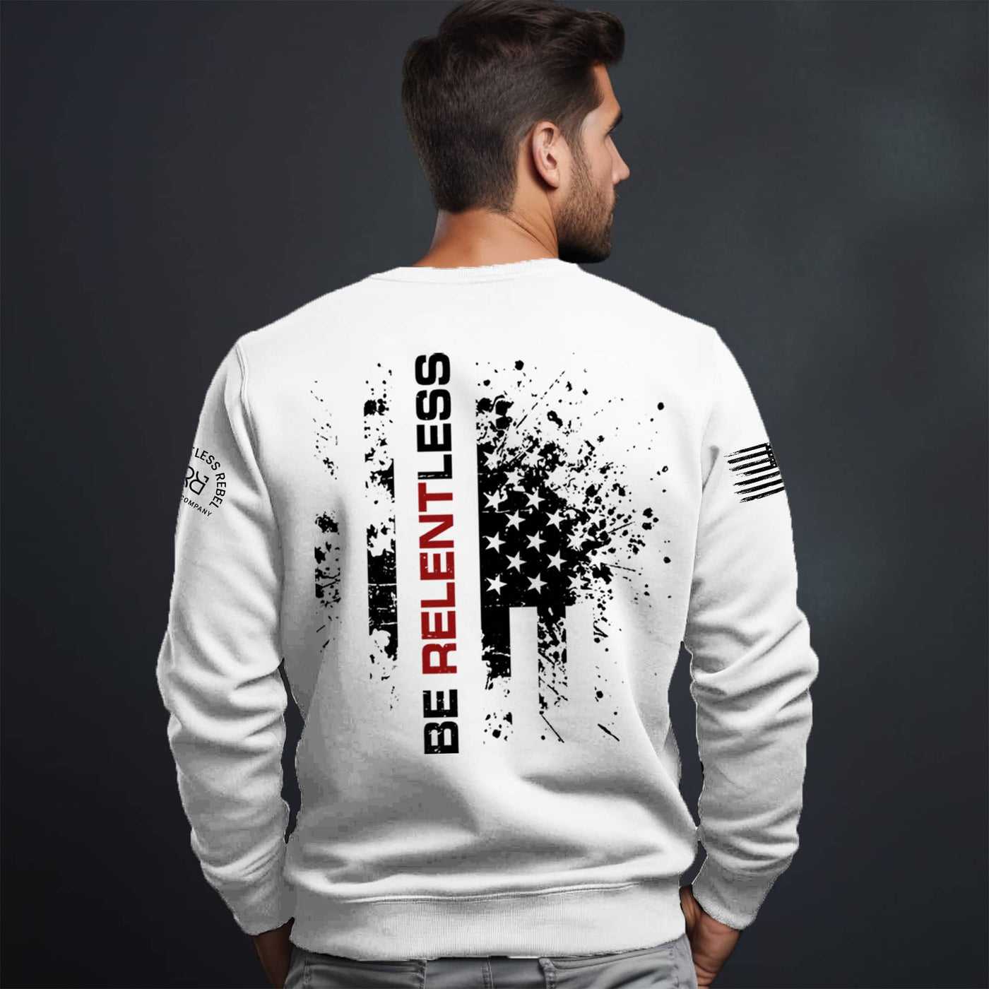 Man wearing Relentless White Be Relentless Back Design Sweatshirt