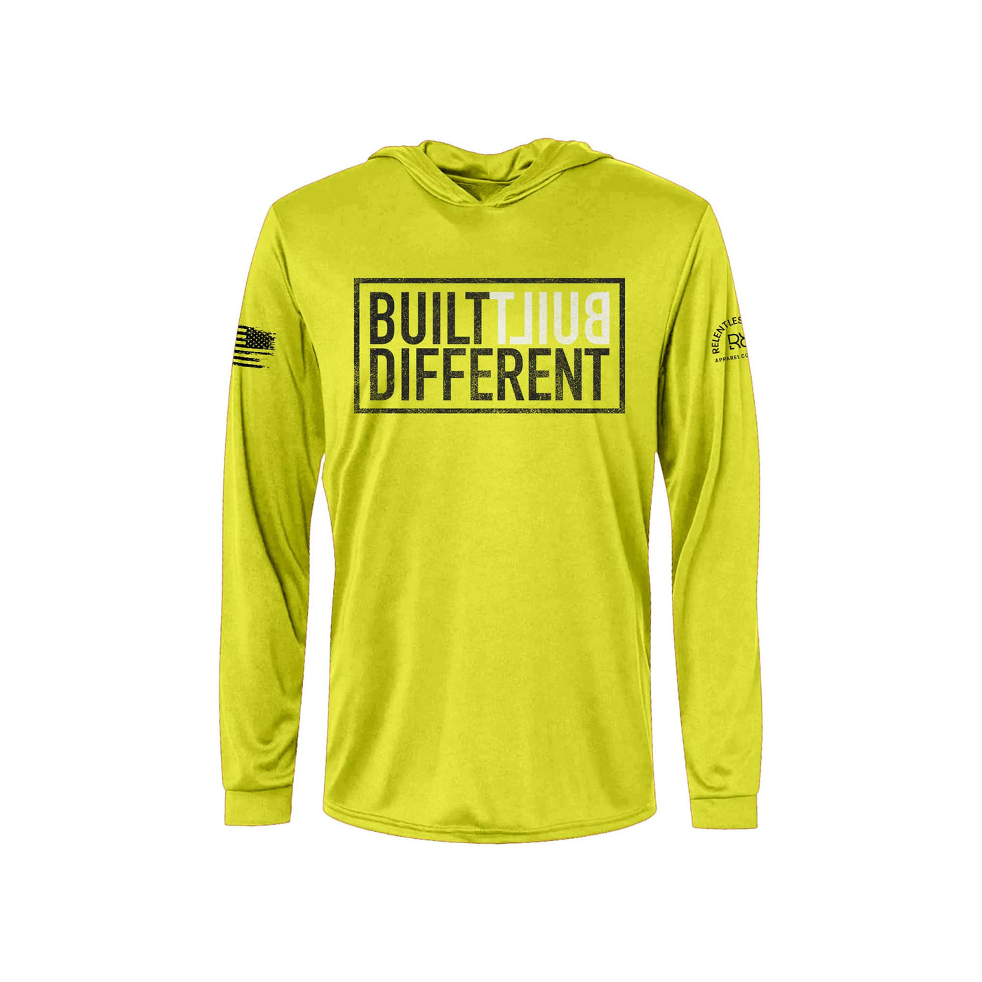 Built Different | Men's Dry Fit Hooded Long Sleeve | UPF50 Safety Green