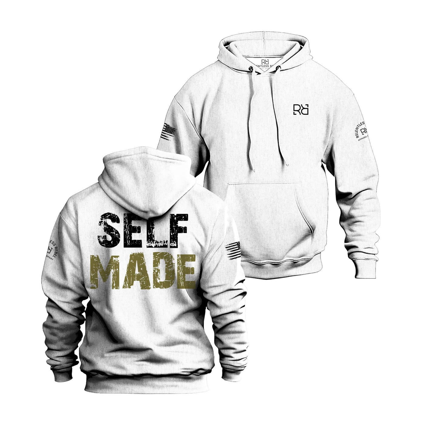 White hoodie with 'SELF MADE' text on the front and brand logo on the back, displayed from front and back views.