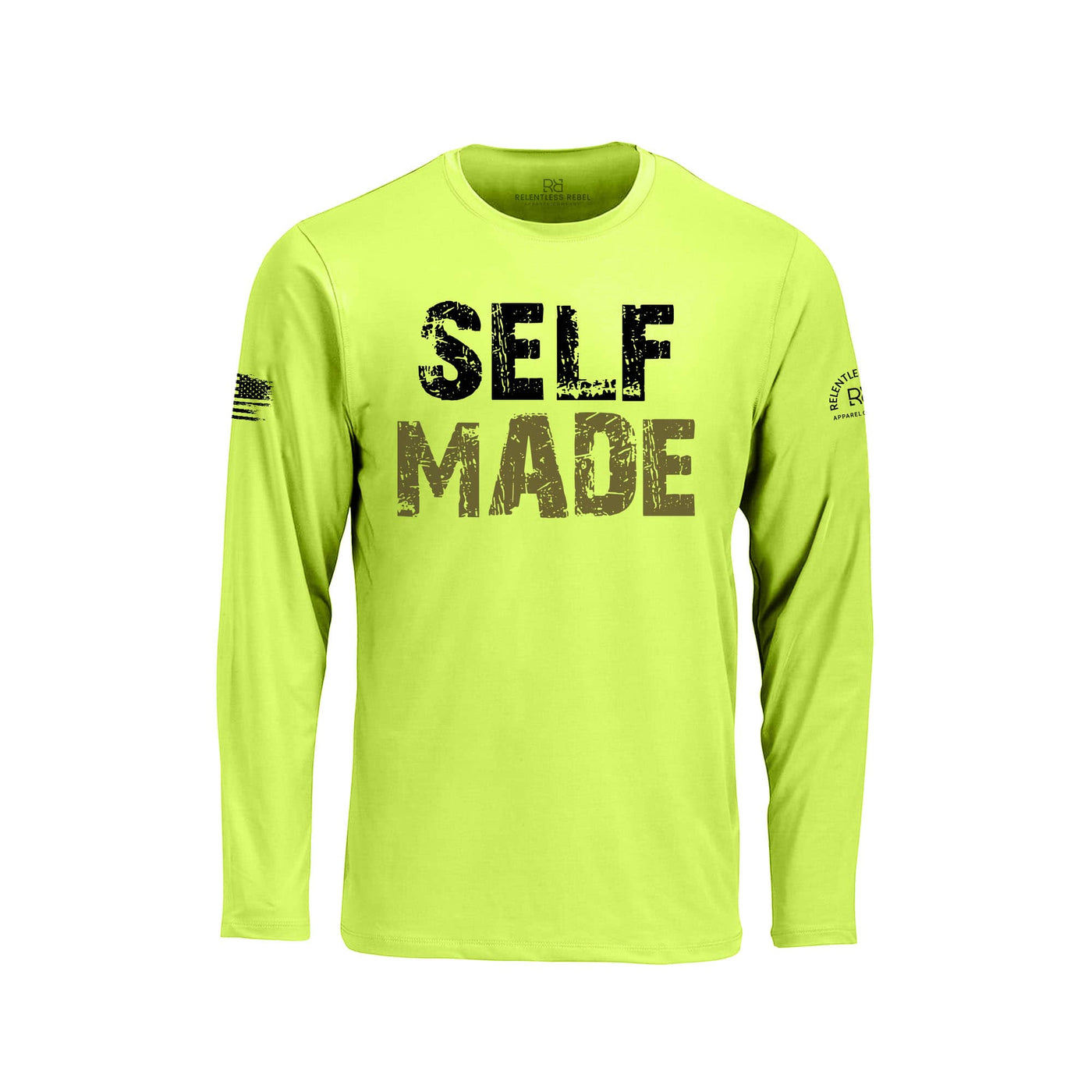 Safety Green long-sleeve shirt with 'SELF MADE' text on a white background