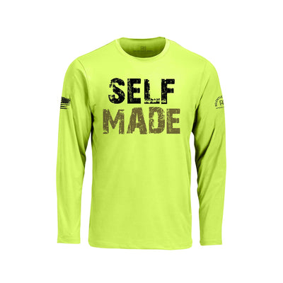 Safety Green long-sleeve shirt with 'SELF MADE' text on a white background
