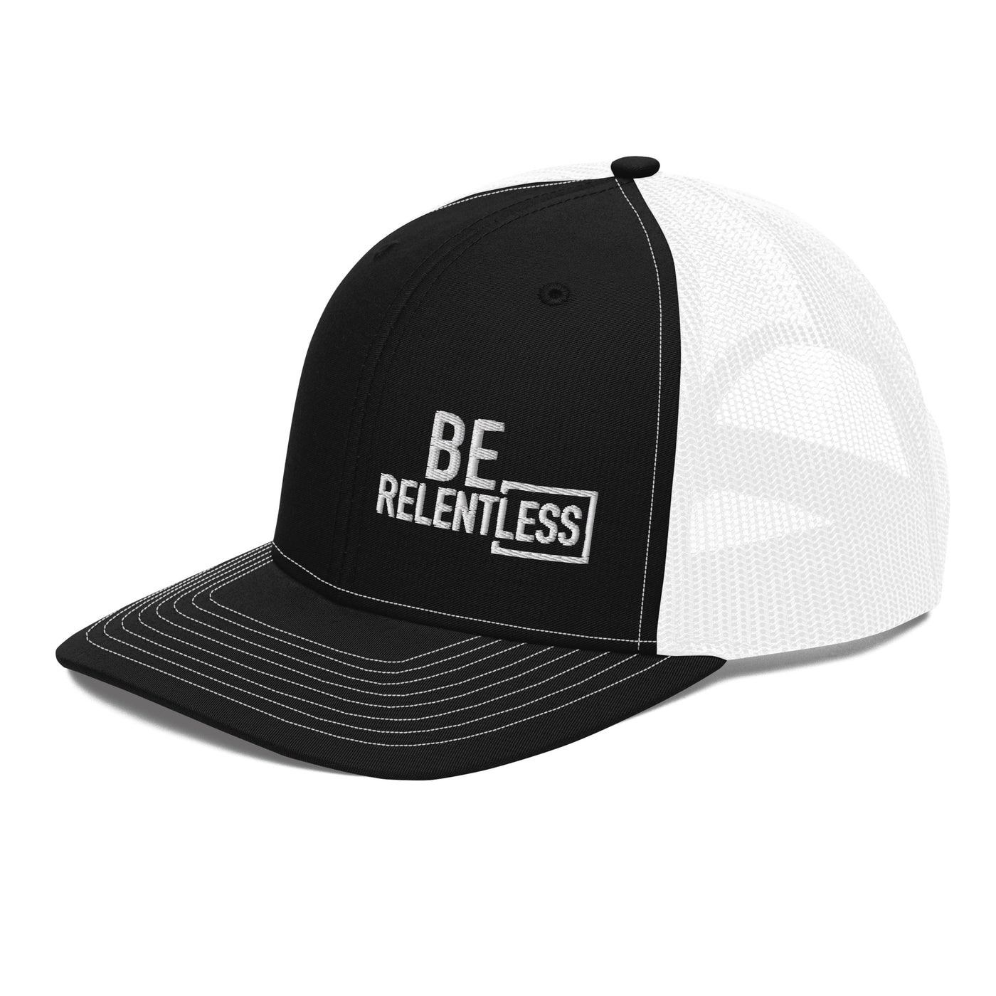 Angled View of Black and White Be Relentless Embroidered Trucker Cap