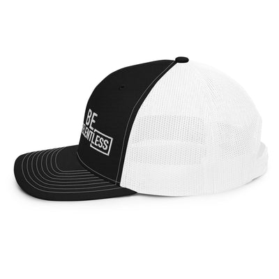Side view of Black and White Be Relentless Embroidered Trucker Cap