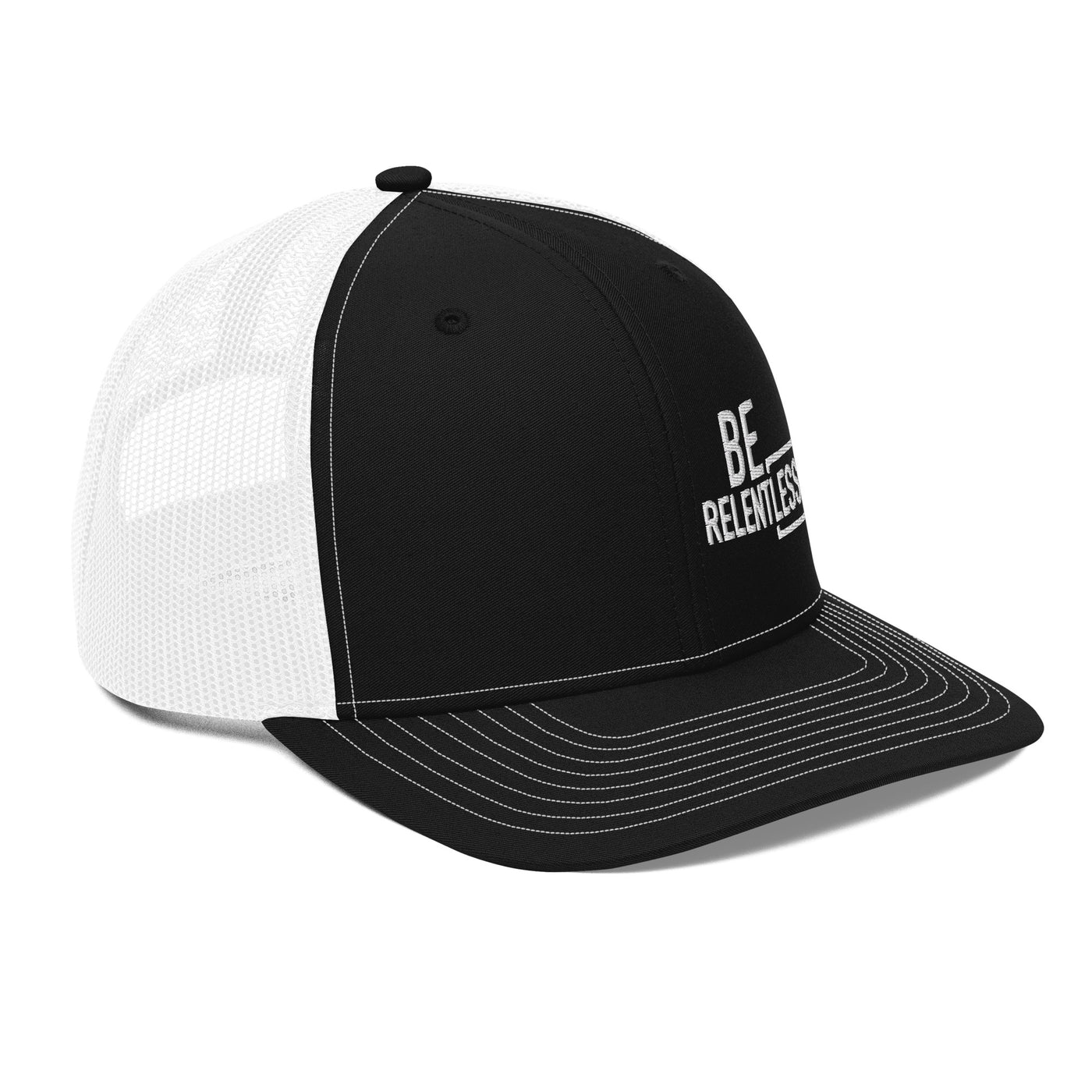 Angled View of Black and White Be Relentless Embroidered Trucker Cap