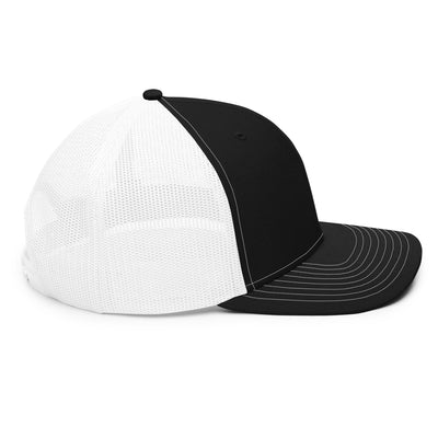Side view of Black and White Be Relentless Embroidered Trucker Cap