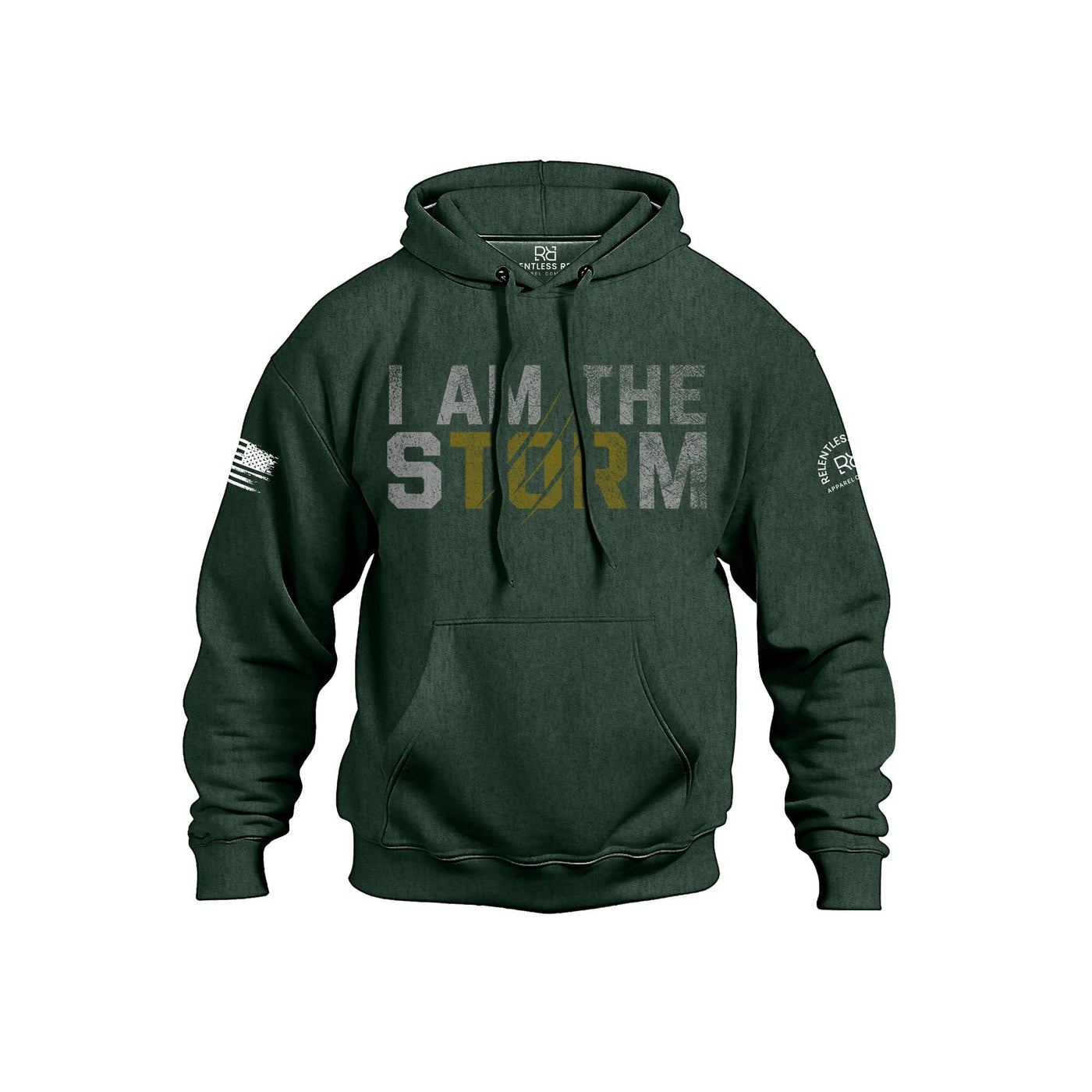 Alpine Green hoodie with 'I AM THE STORM' text on a white background