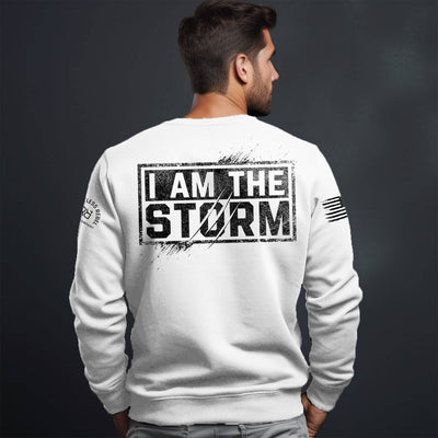 Man wearing Relentless White Men's I Am The Storm Back Design Crew Neck Sweatshirt