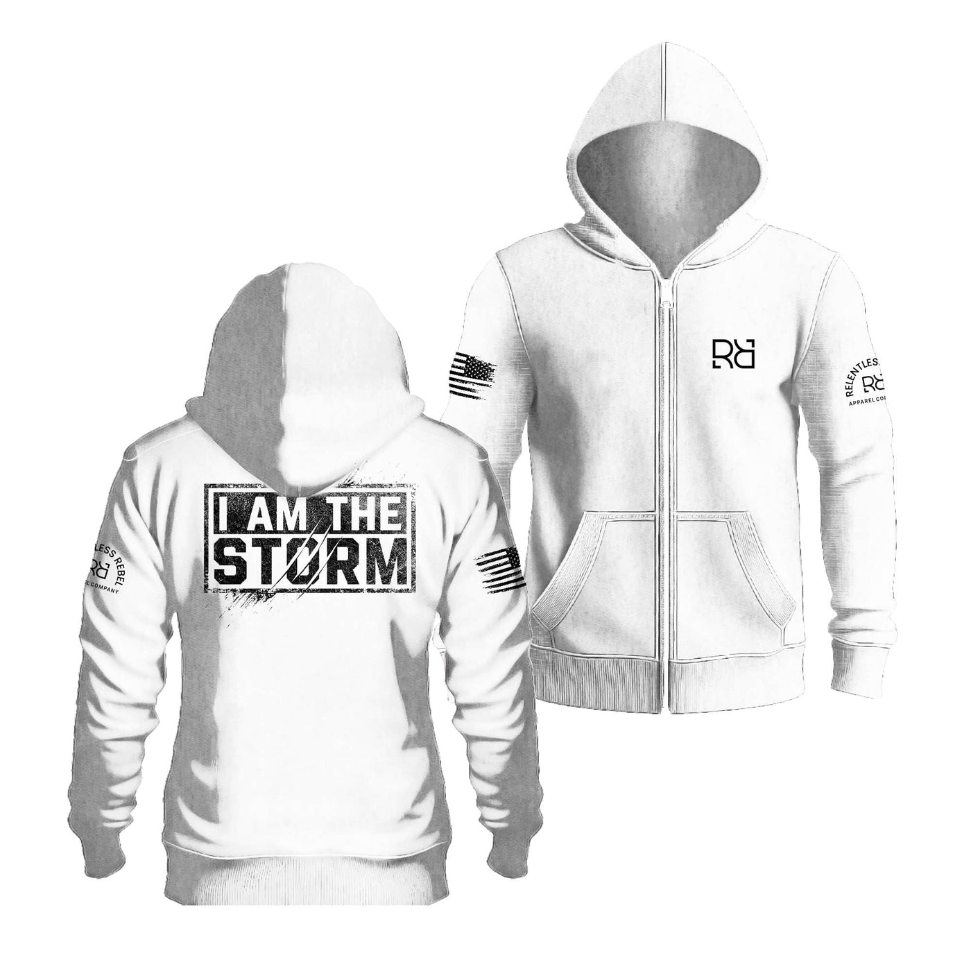Relentless White I Am The Storm Back Design Zip Up Hoodie
