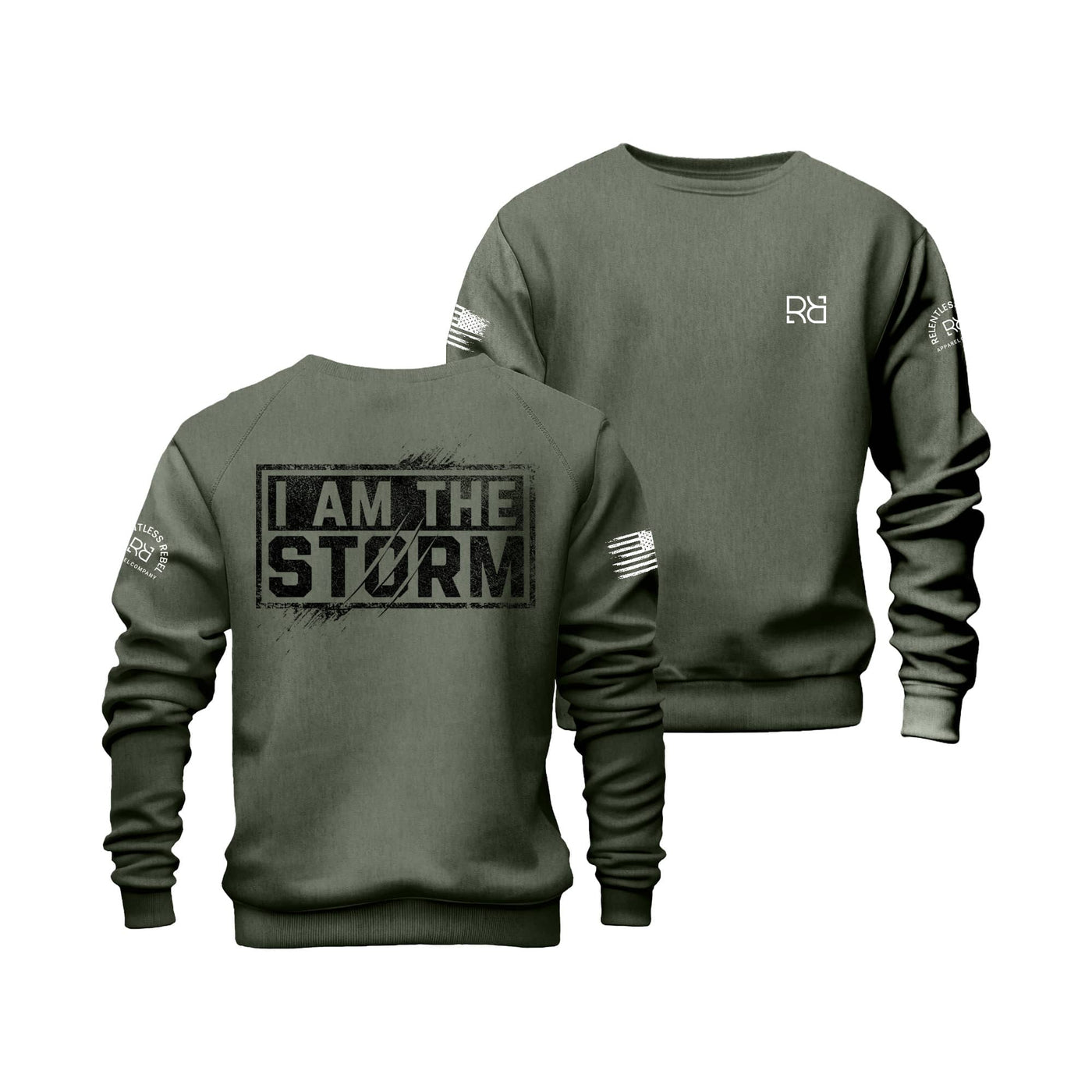 Military Green Men's I Am The Storm Back Design Crew Neck Sweatshirt