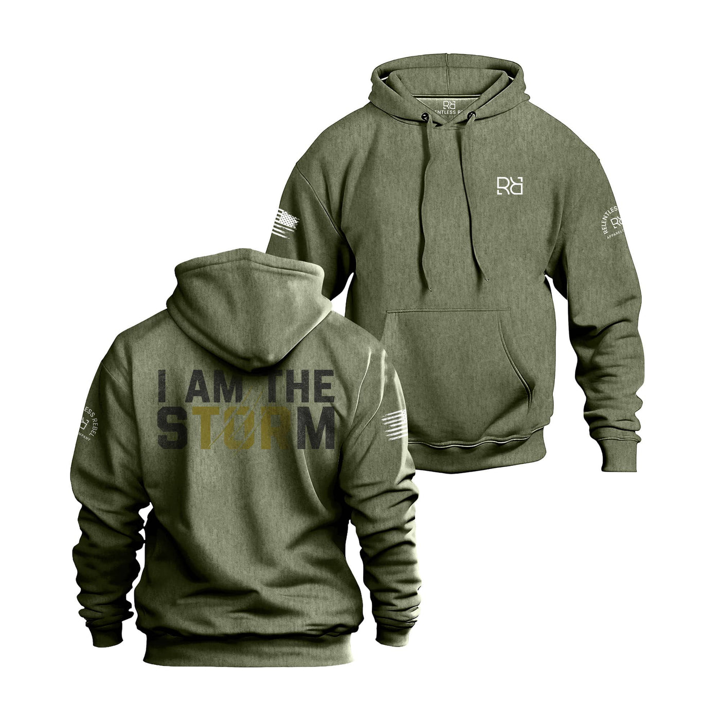 Military Green Men's I Am The Storm Back Design Hoodie