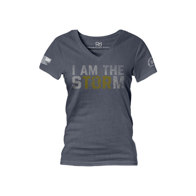 Heather Navy Women's I Am The Storm Front Design V-Neck Tee