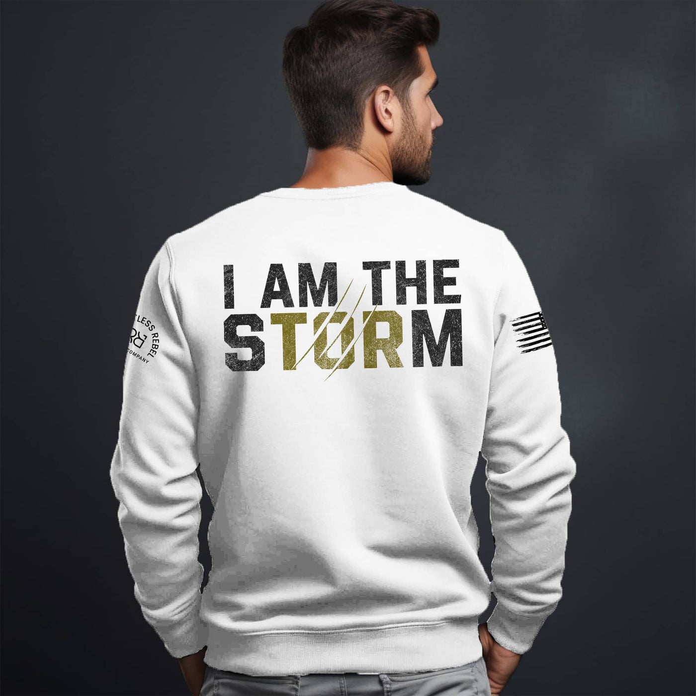 Man wearing Relentless White Men's I Am The Storm Back Design Crew Neck Sweatshirt