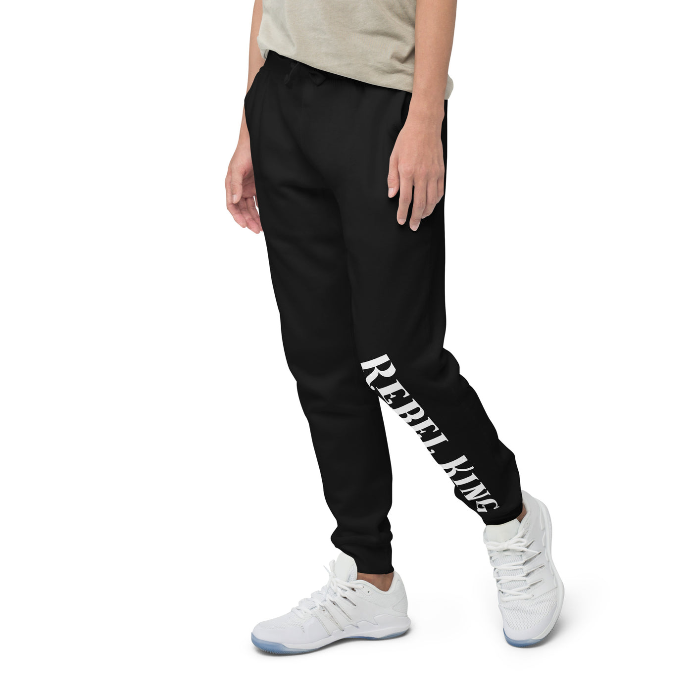 Front and Side view of Solid Black Rebel King Leg Design Joggers