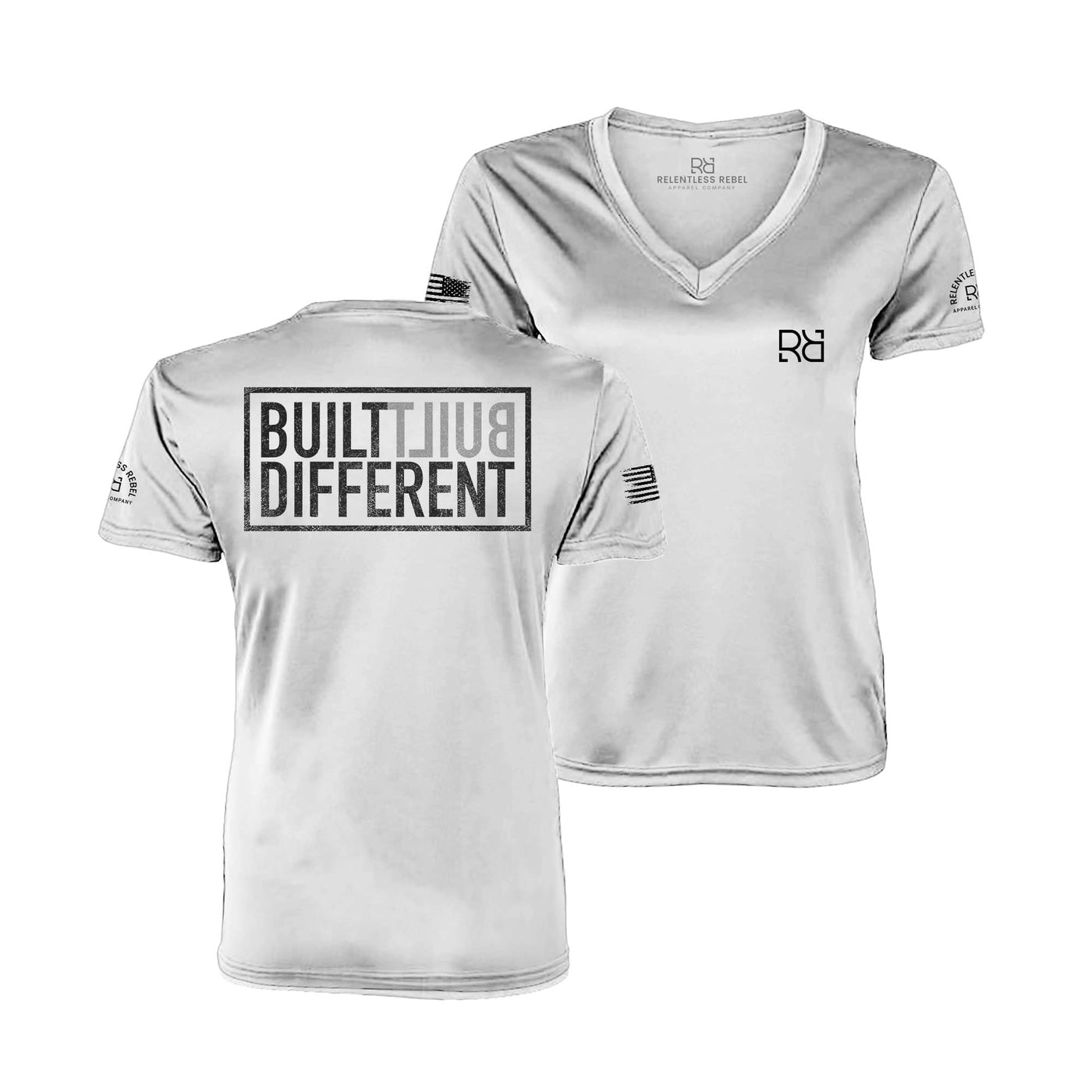 Built Different Relentless White Women's V-Neck Dry Fit Tee