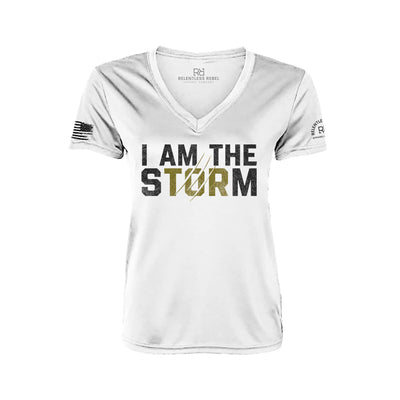 I Am The Storm Relentless White Women's V-Neck Dry Fit Tee