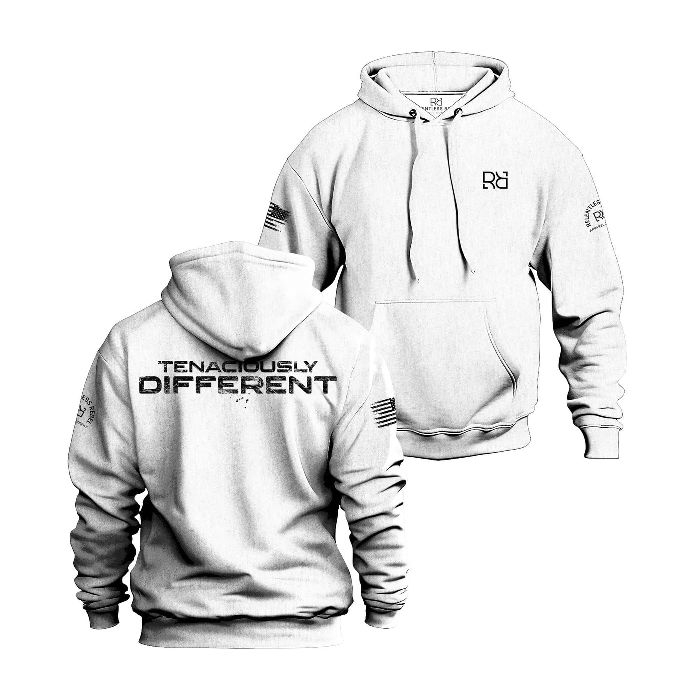 White hoodie with 'Tenaciously Different' text and logo on a white background