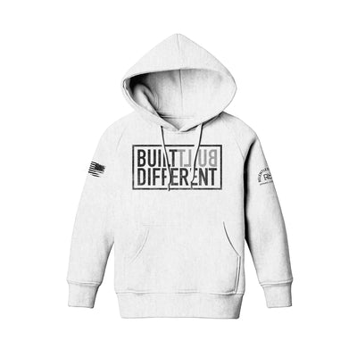 Built Different Youth front design relentless white hoodie
