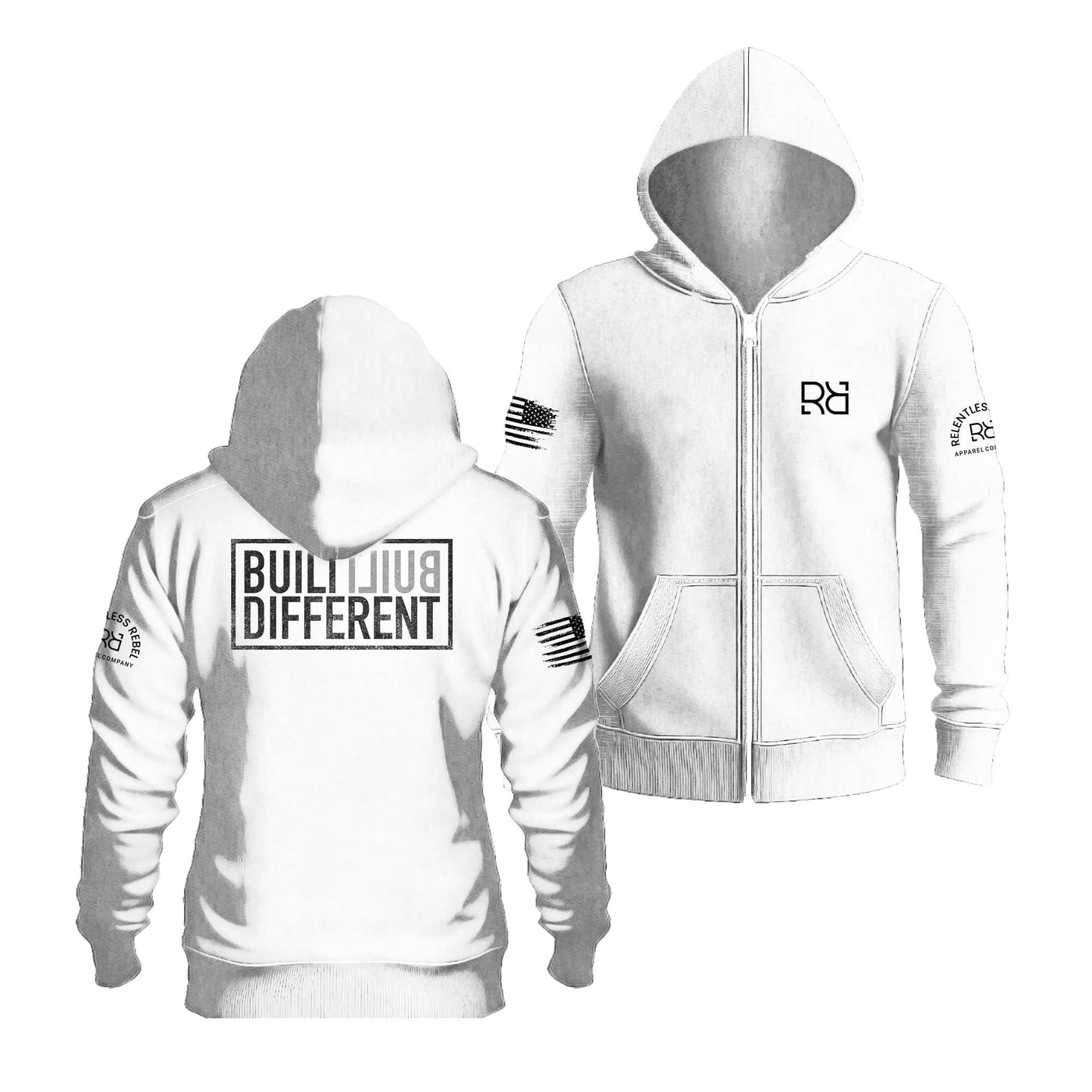 Relentless White Built Different Back Design Zip Up Hoodie