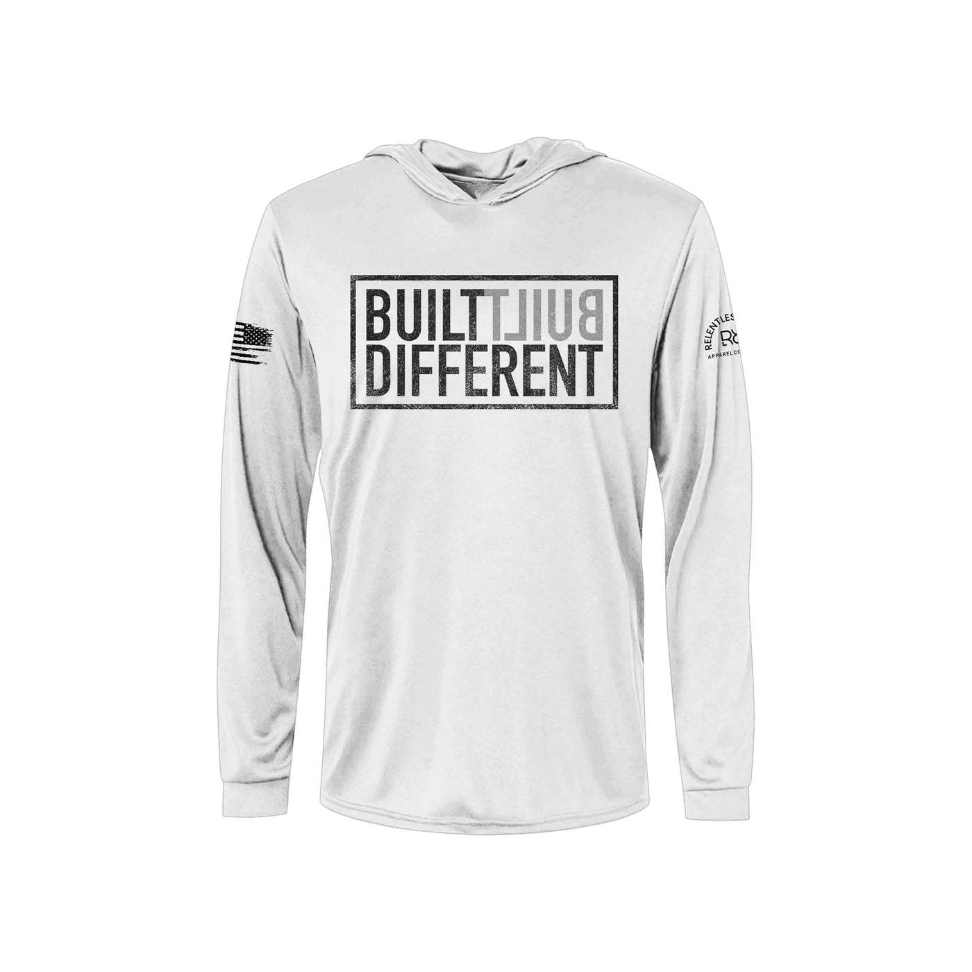 Built Different | Men's Dry Fit Hooded Long Sleeve | UPF50 Relentless White