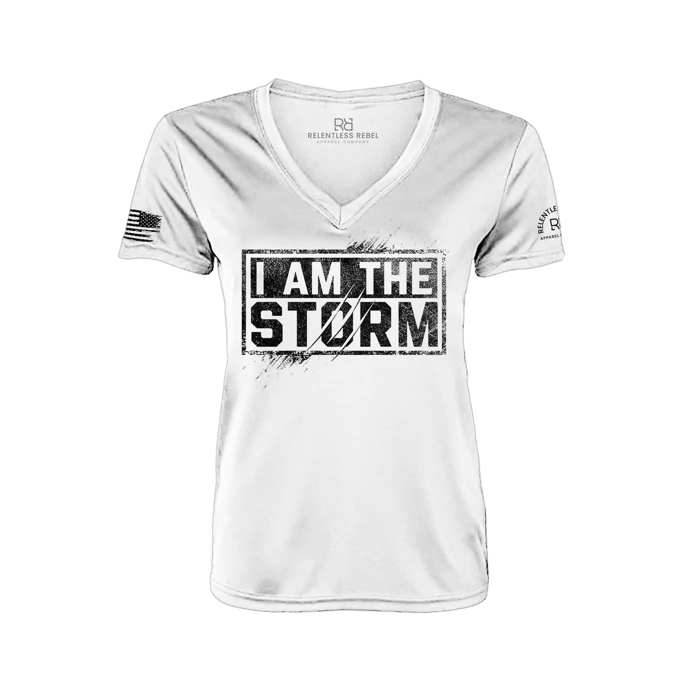 I Am The Storm Relentless White Women's V-Neck Dry Fit Tee