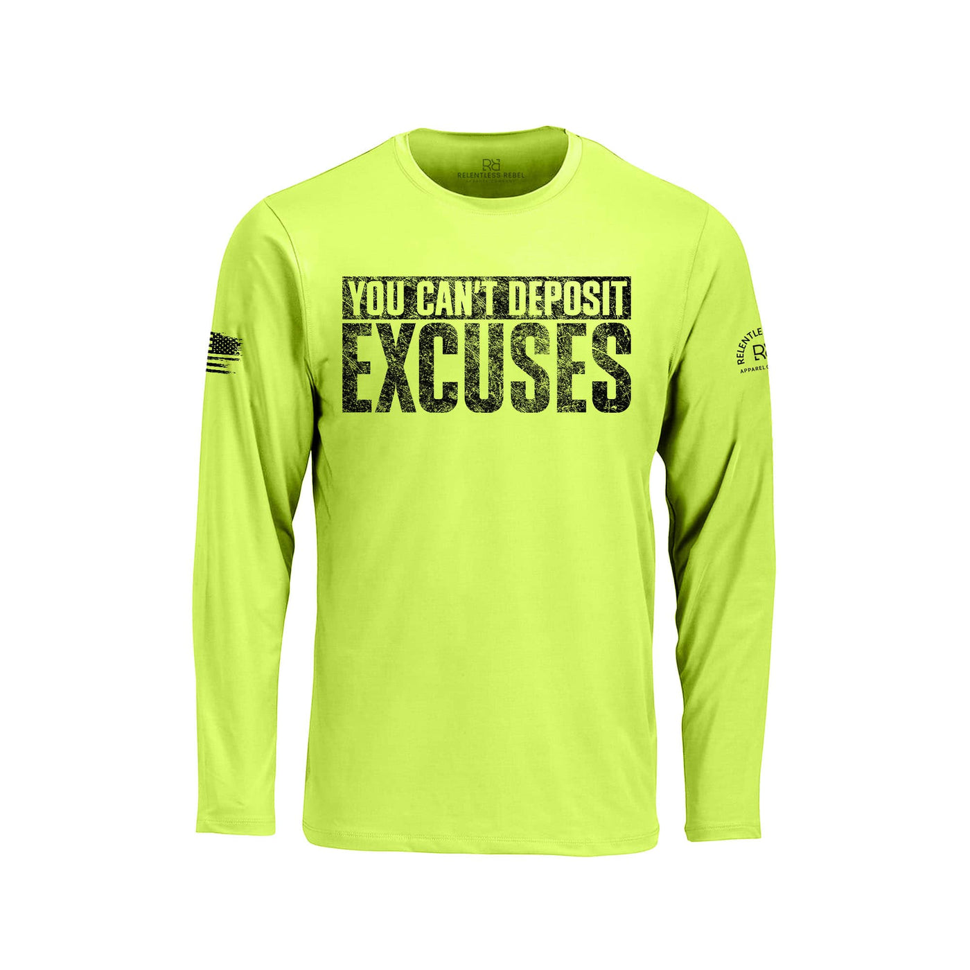 Safety Green long-sleeve shirt with motivational text on a white background