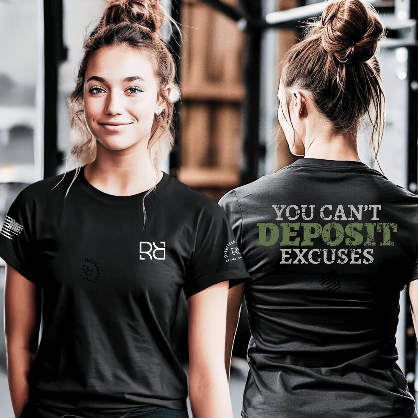 Woman wearing a black t-shirt with a logo on the front and motivational text on the back in a gym setting.