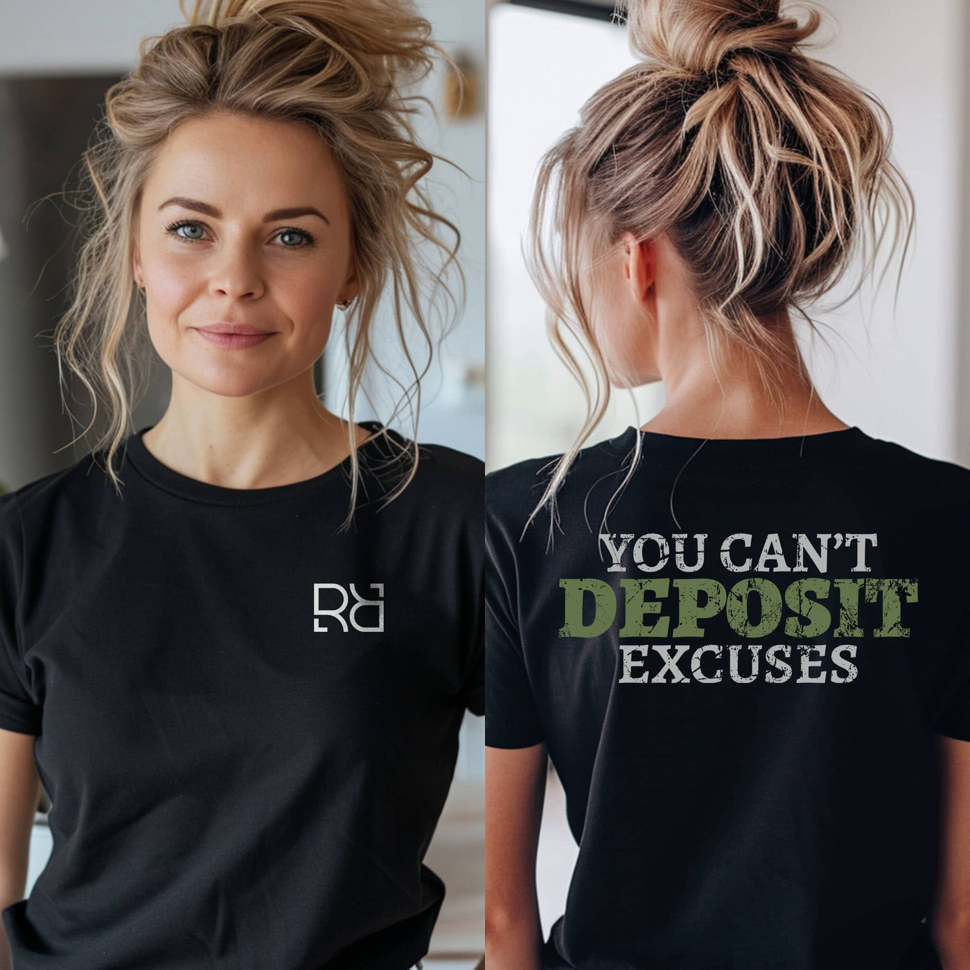 Person wearing a black t-shirt with a logo on the front and text on the back.