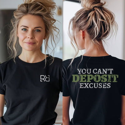 Person wearing a black t-shirt with a logo on the front and text on the back.