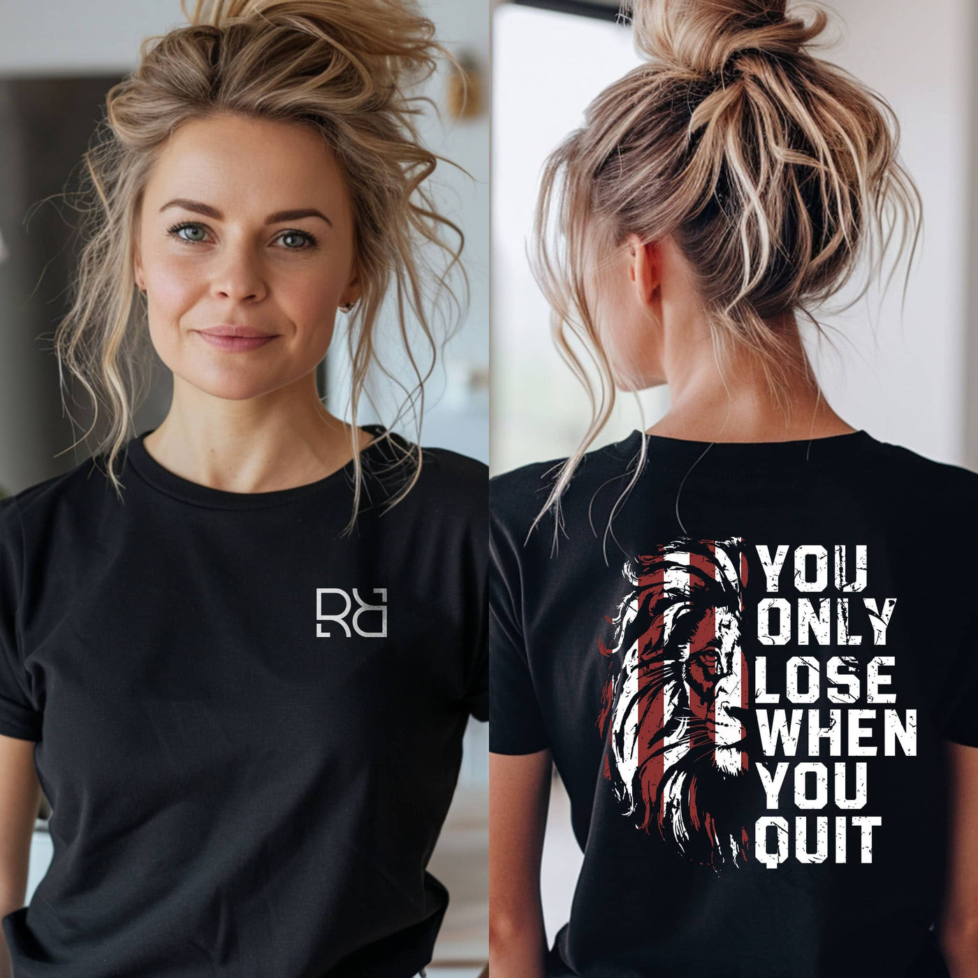 Woman wearing a black t-shirt with a logo on the front and motivational quote on the back.