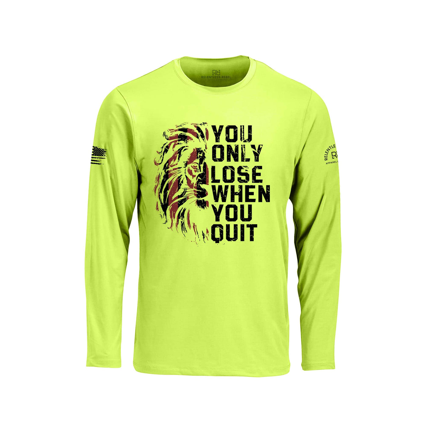 Safety Green long-sleeve shirt with motivational quote and tiger design on a white background