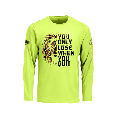 Safety Green long-sleeve shirt with motivational quote and tiger design on a white background