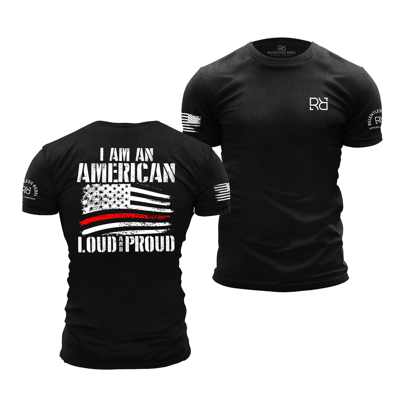 Solid Black Men's I Am An American Loud and Proud Back Design Tee