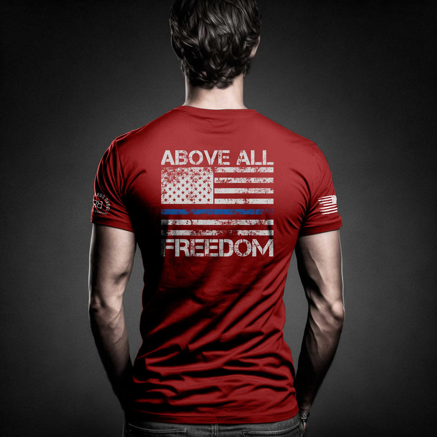 Man wearing Red Men's Above All Freedom Back Design Tee