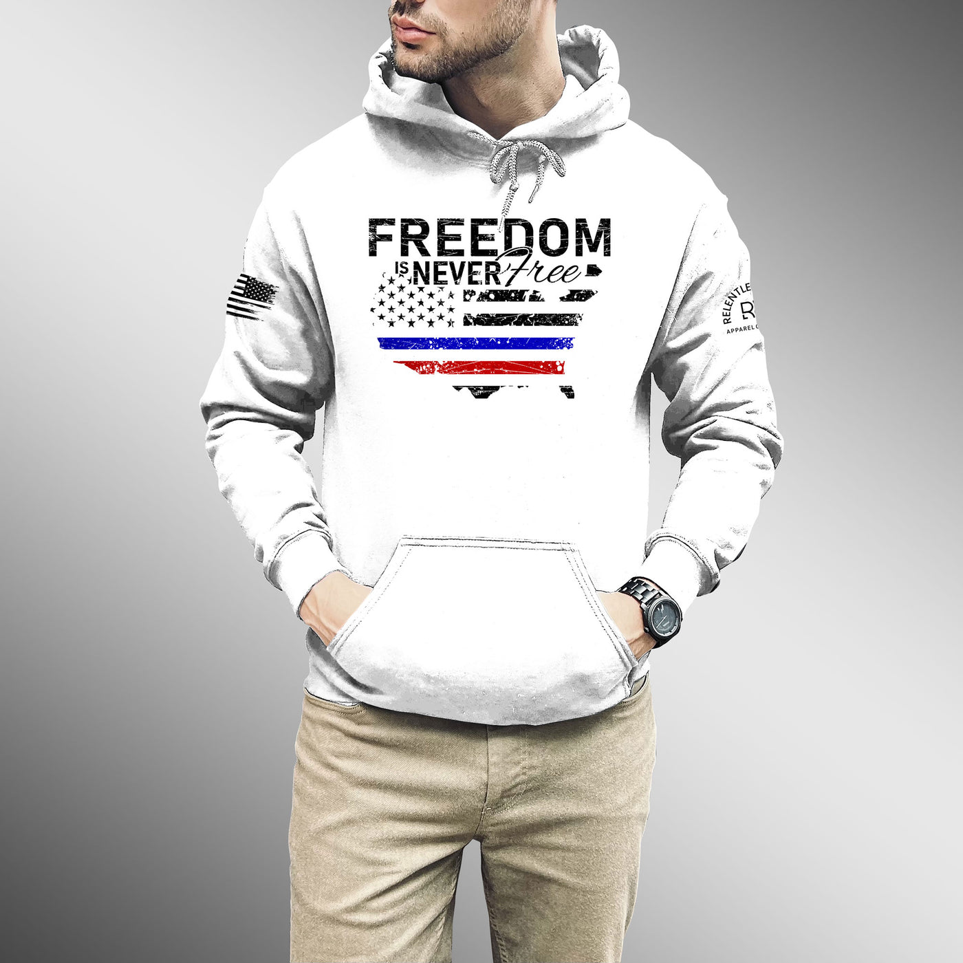 Man wearing Relentless White Men's Freedom Is Never Free Front Design Hoodie