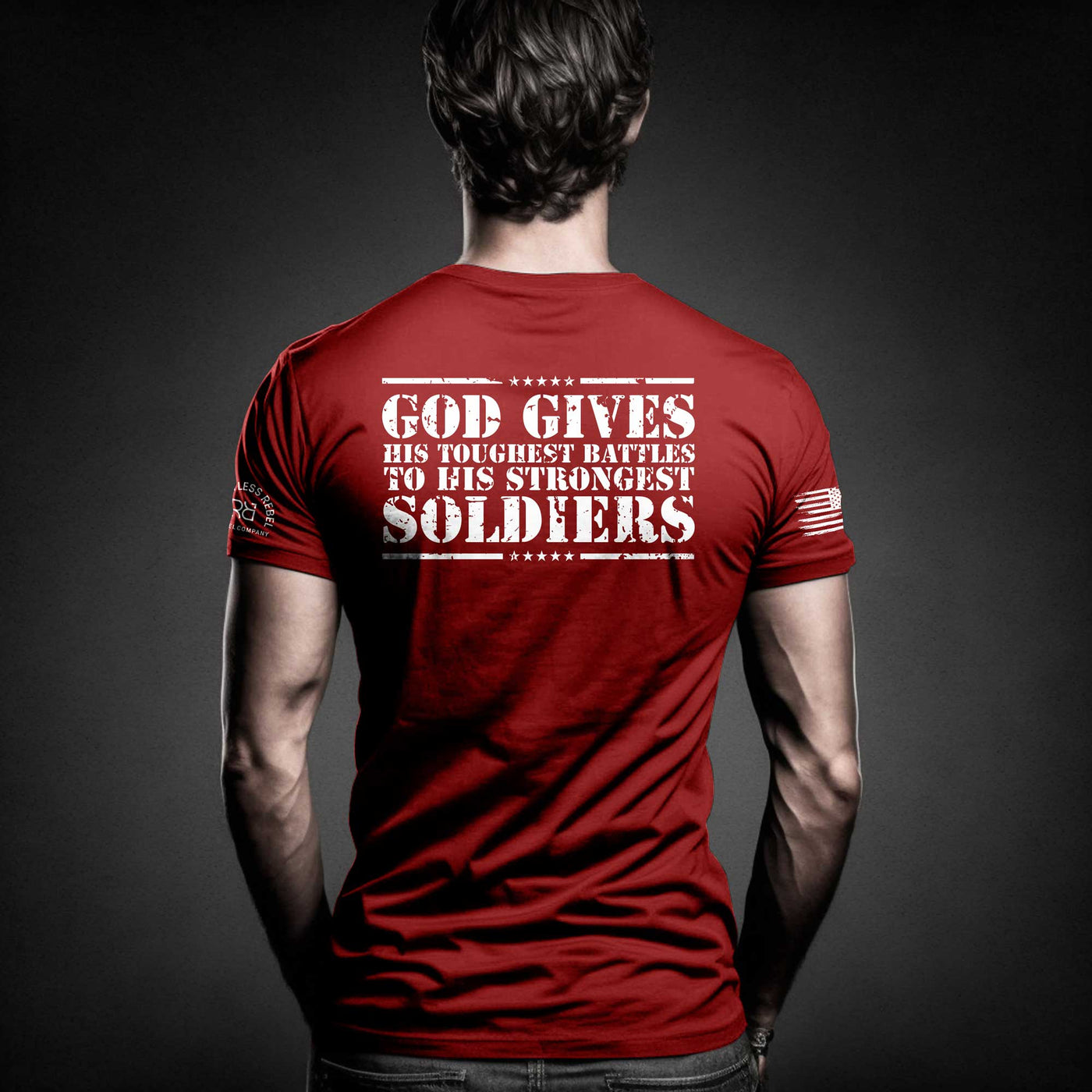 Man wearing Heather Red Men's God Gives His Toughest Battles Back Design Tee