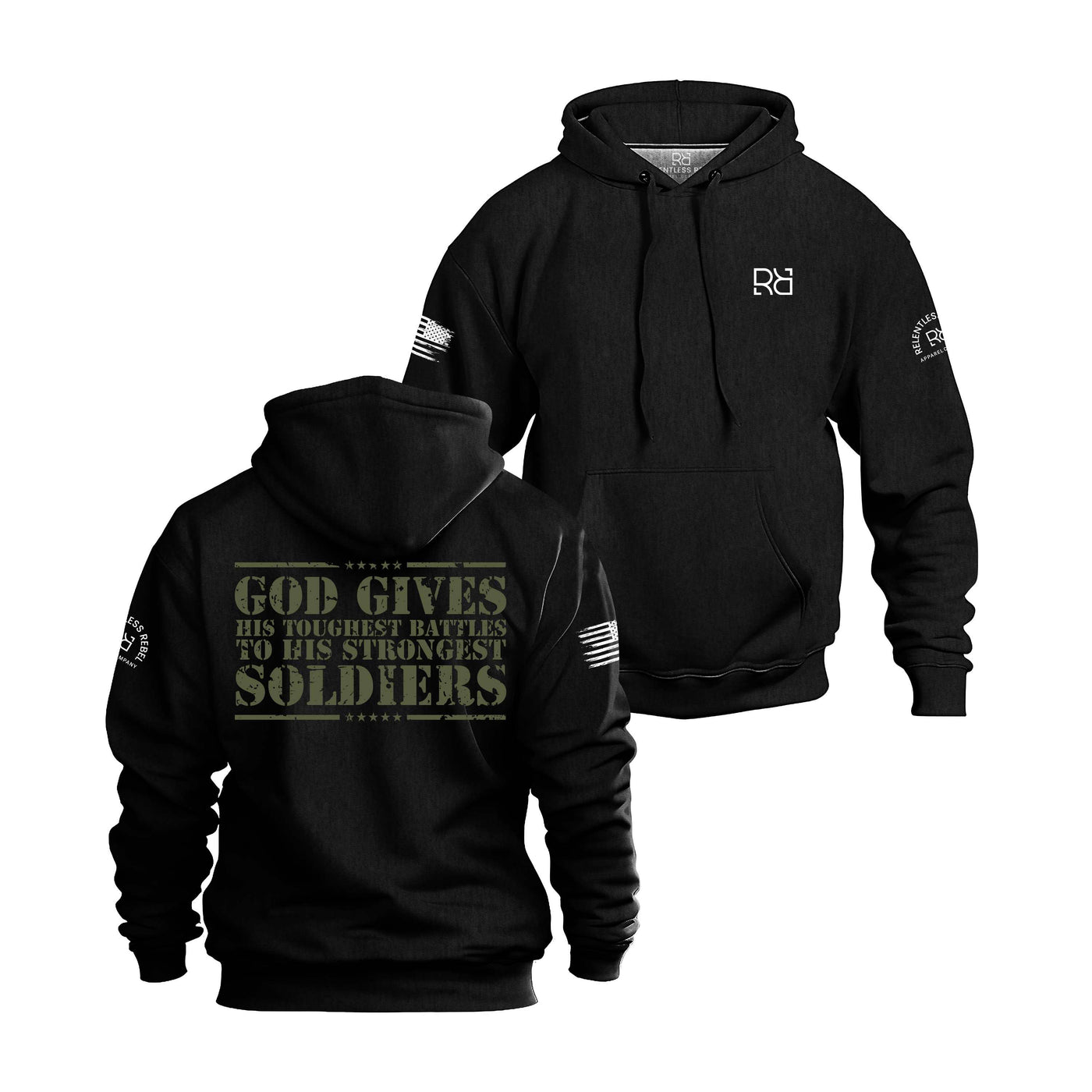 Solid Black Men's God Gives His Toughest Battles Back Design Hoodie