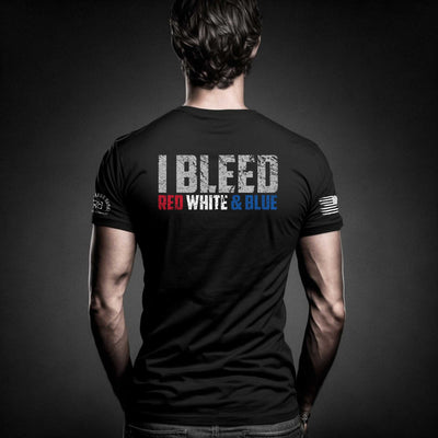 Man wearing Solid Black Men's I Bleed Red White & Blue Back Design Tee