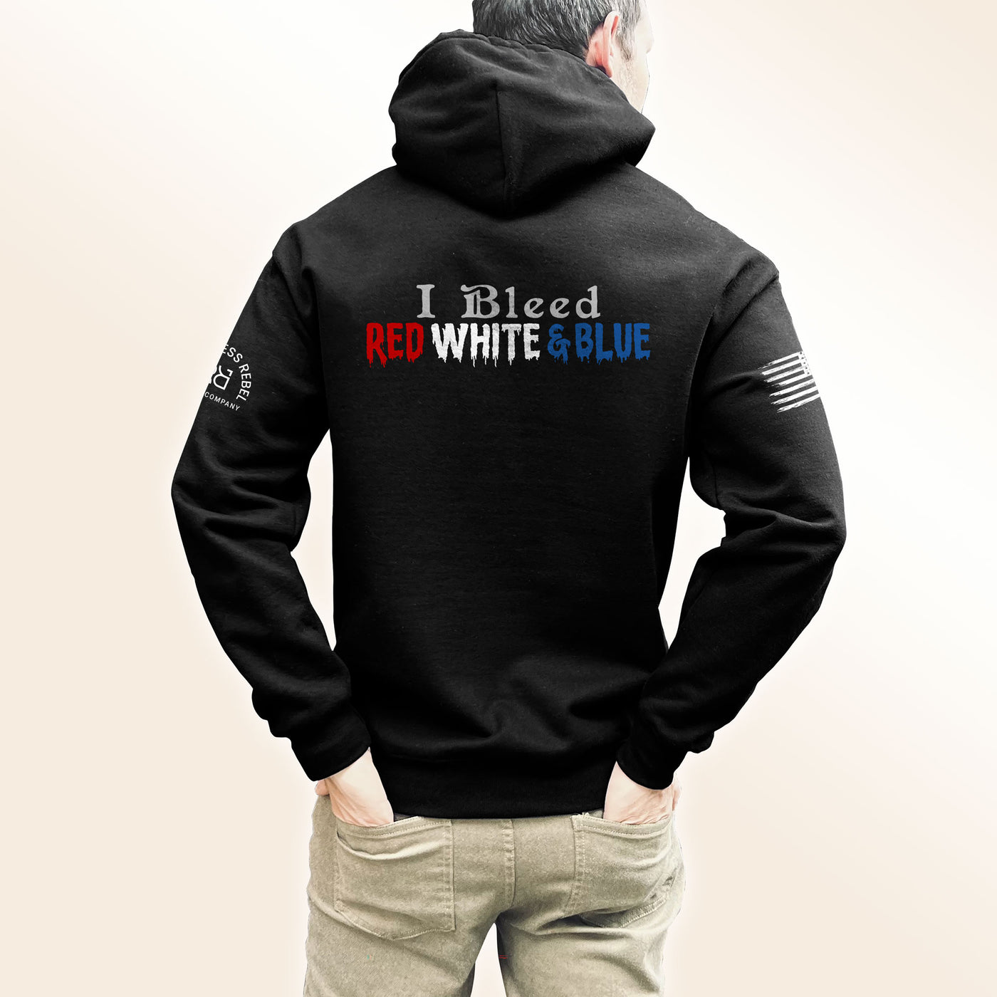 Man wearing Solid Black Men's I Bleed Red White & Blue Back Design Hoodie