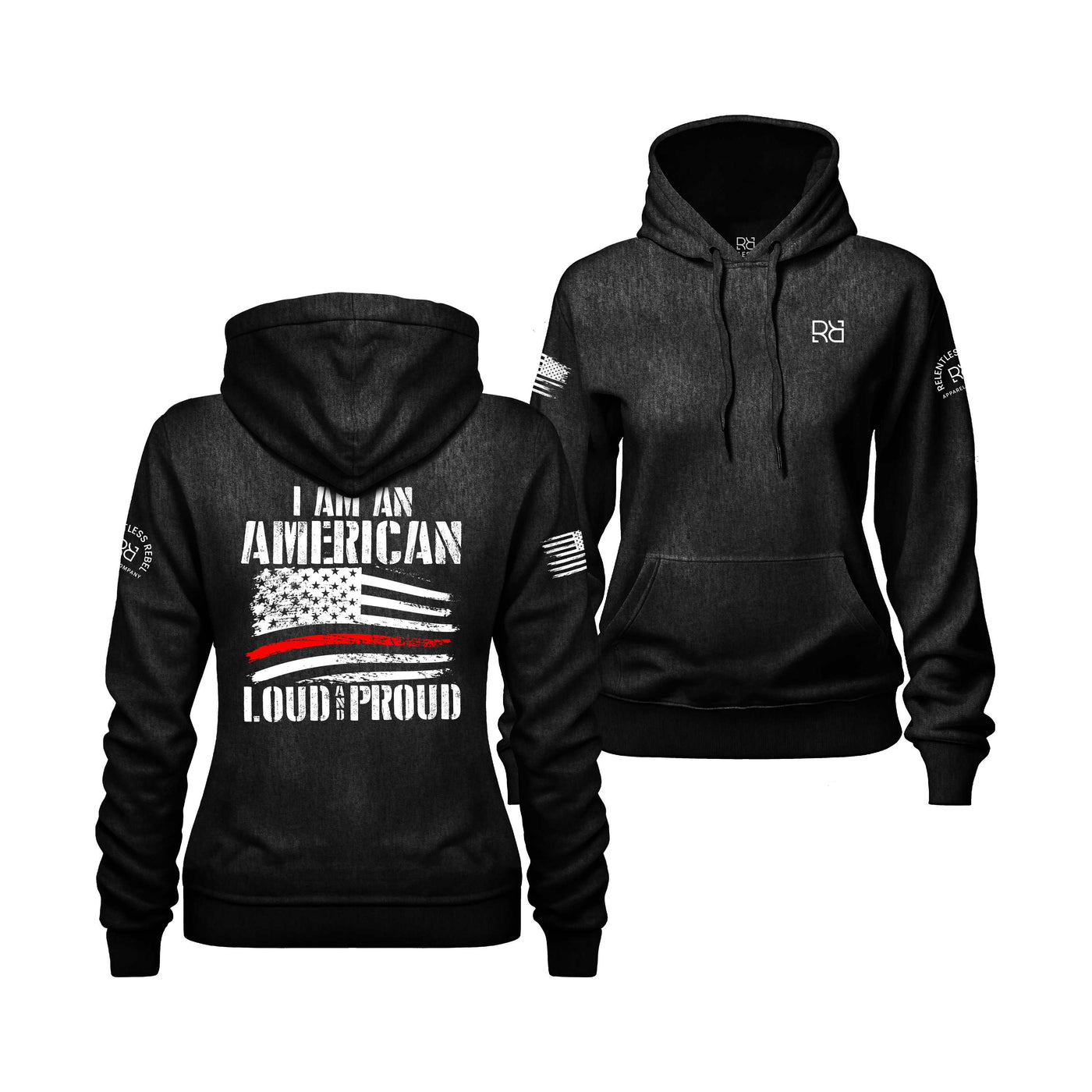Solid Black Women's I Am An American Loud and Proud Back Design Hoodie