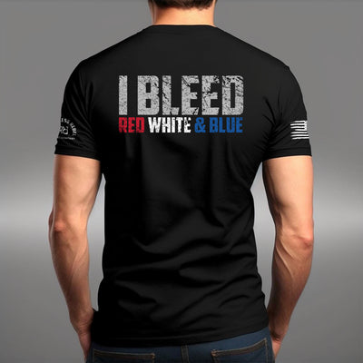 Man wearing Solid Black Men's I Bleed Red White & Blue Back Design Tee