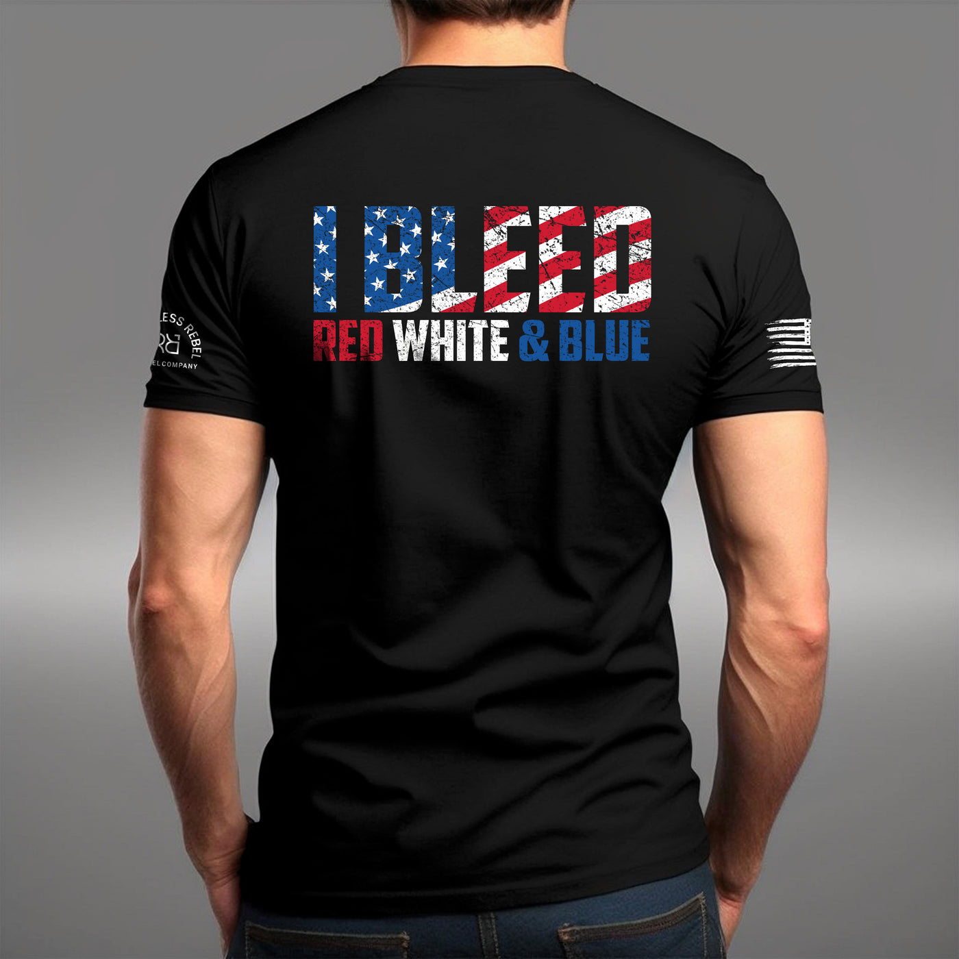 Man wearing Solid Black Men's I Bleed Red White & Blue Back Design Tee