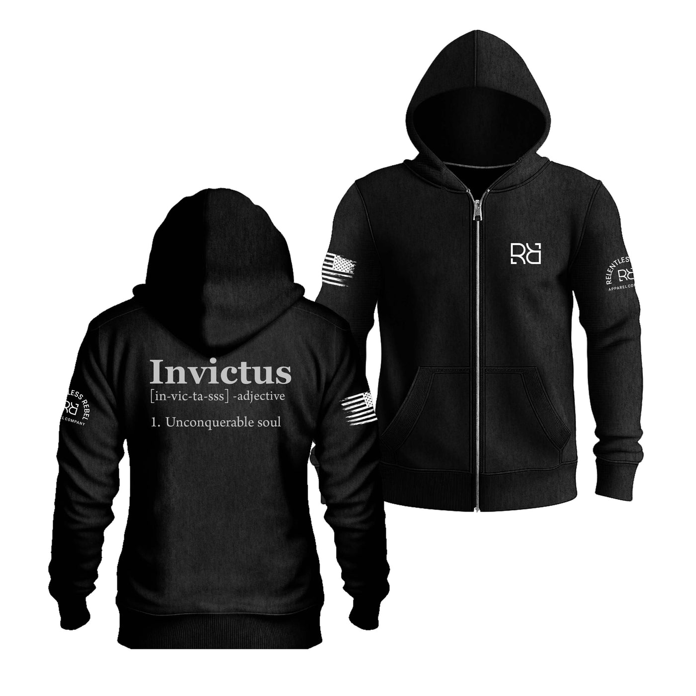 Solid Black Invictus Back Design Zip Up Hoodie