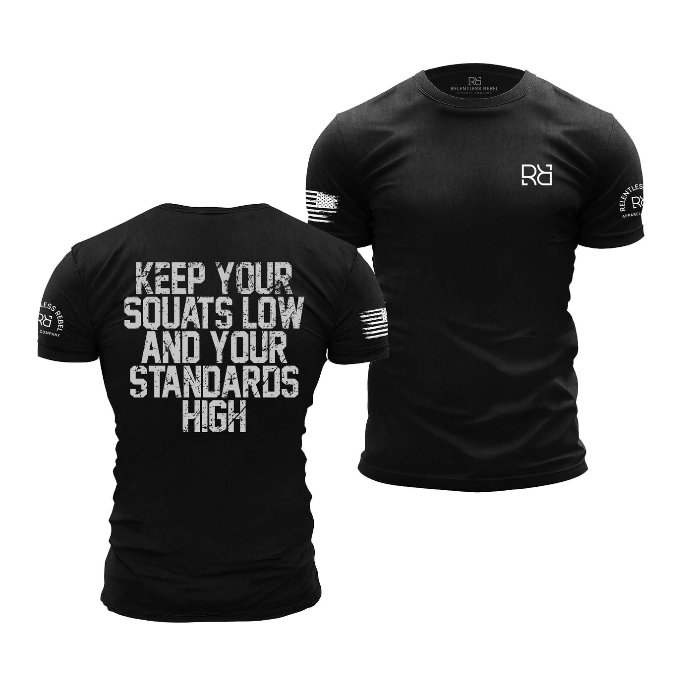 Solid Black Men's Keep Your Squats Low and Your Standards High Back Design Tee