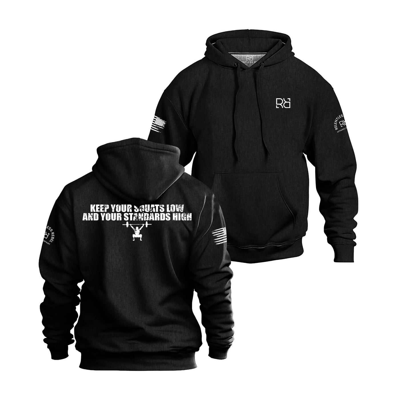 Solid Black Men's Keep Your Squats Low and Your Standards High Back Design Hoodie