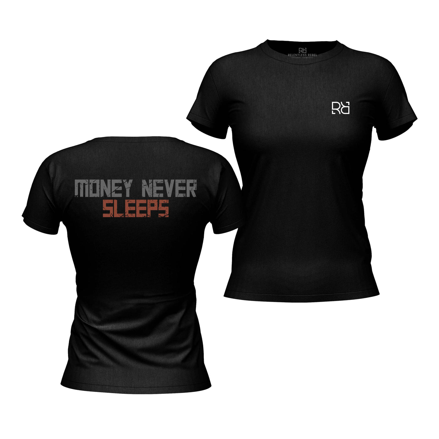 Solid Black Women's Money Never Sleeps Back Design Tee